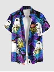 Plus Size Halloween Ghost Tropical Leaf Bottles Print Buttons Pocket Hawaii Shirt For Men -  