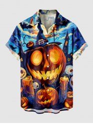 Chemise grande taille pour homme, motif citrouille, lanterne, chauve-souris, crânes, bougies, boutons et poches - Bleu 5XL