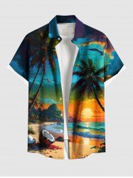 Chemise hawaïenne grande taille à imprimé cocotiers, plage, paysage marin, boutons et poches pour homme - Vert S
