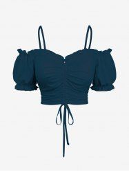 Plus Size Cold Shoulder Puff Sleeve Cinched Solid Top -  