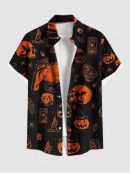 Plus Size Skull Pumpkin Tombstone Print Halloween Button Pocket Shirt For Men -  