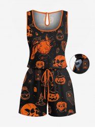 Plus Size Skull Pumpkin Tombstone Print Halloween Drawstring Pocket Romper -  