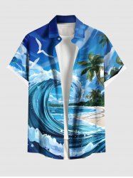 Plus Size Coconut Tree Sea Waves Bird Print Hawaii Button Pocket Shirt For Men -  
