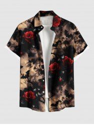 Plus Size Rose Flower Bat Dark Style Print Halloween Button Pocket Shirt For Men -  