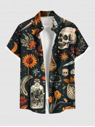 Plus Size Sunflower Flower Skull Bottle Banana Print Hawaii Button Pocket Shirt For Men -  