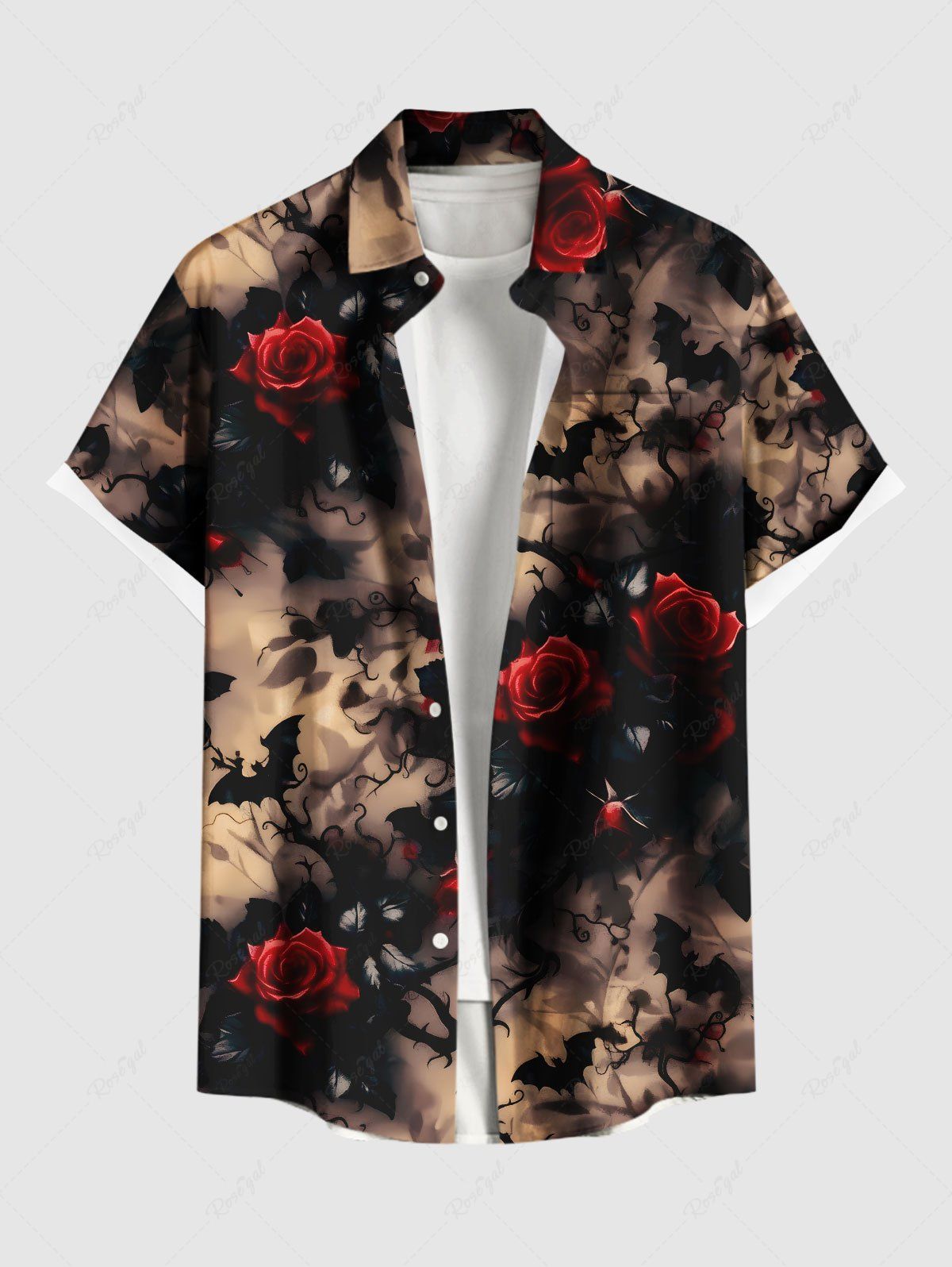 Chemise grande taille à imprimé chauve-souris et fleurs roses, style foncé, boutonnée et poche pour homme café 3XL