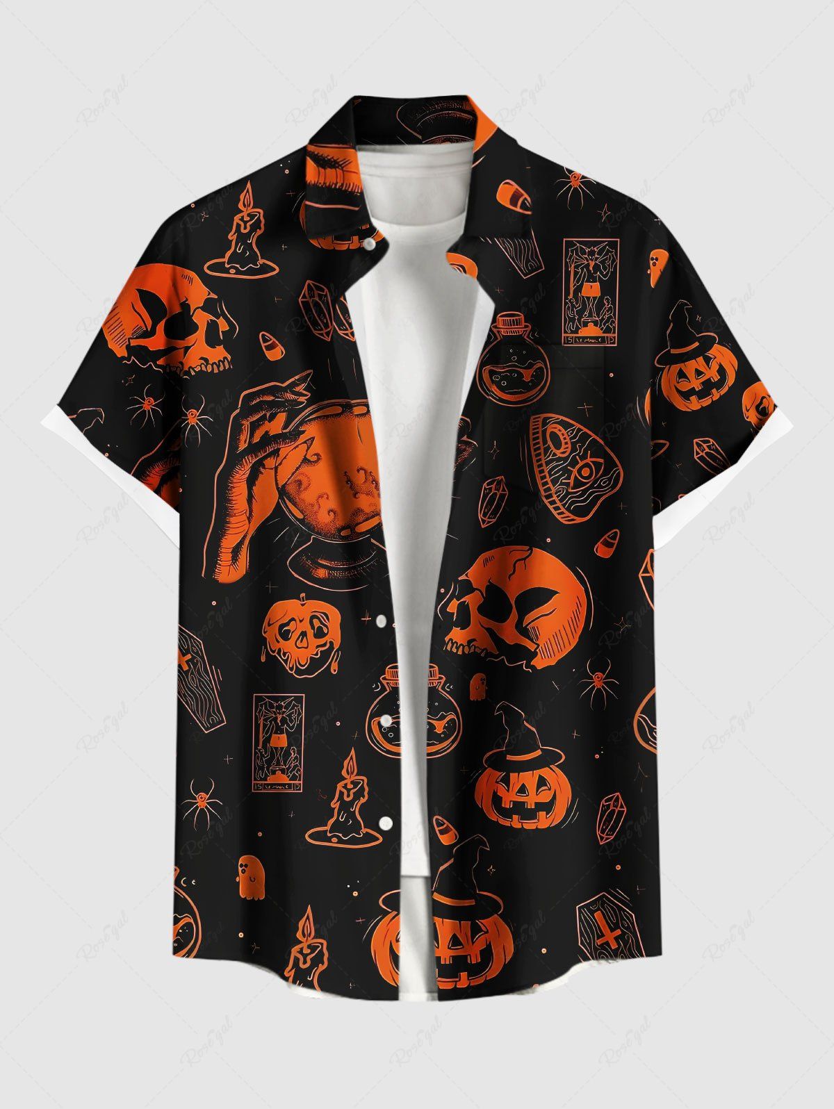 Chemise grande taille à imprimé tête de mort, citrouille et pierre tombale pour homme, avec poches boutonnées pour Halloween Noir XL