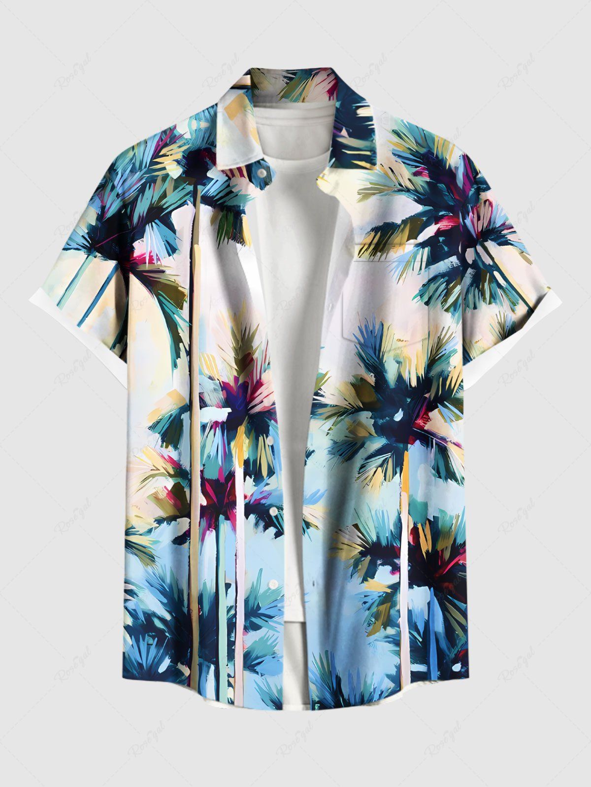 Chemise hawaïenne grande taille à imprimé cocotiers ombré et poches boutonnées pour homme Bleu clair 3XL