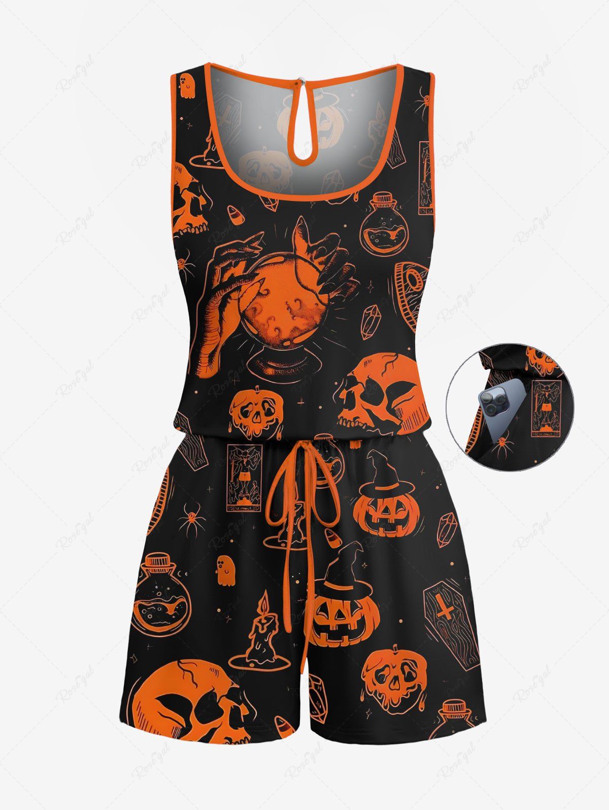 Best Plus Size Skull Pumpkin Tombstone Print Halloween Drawstring Pocket Romper  