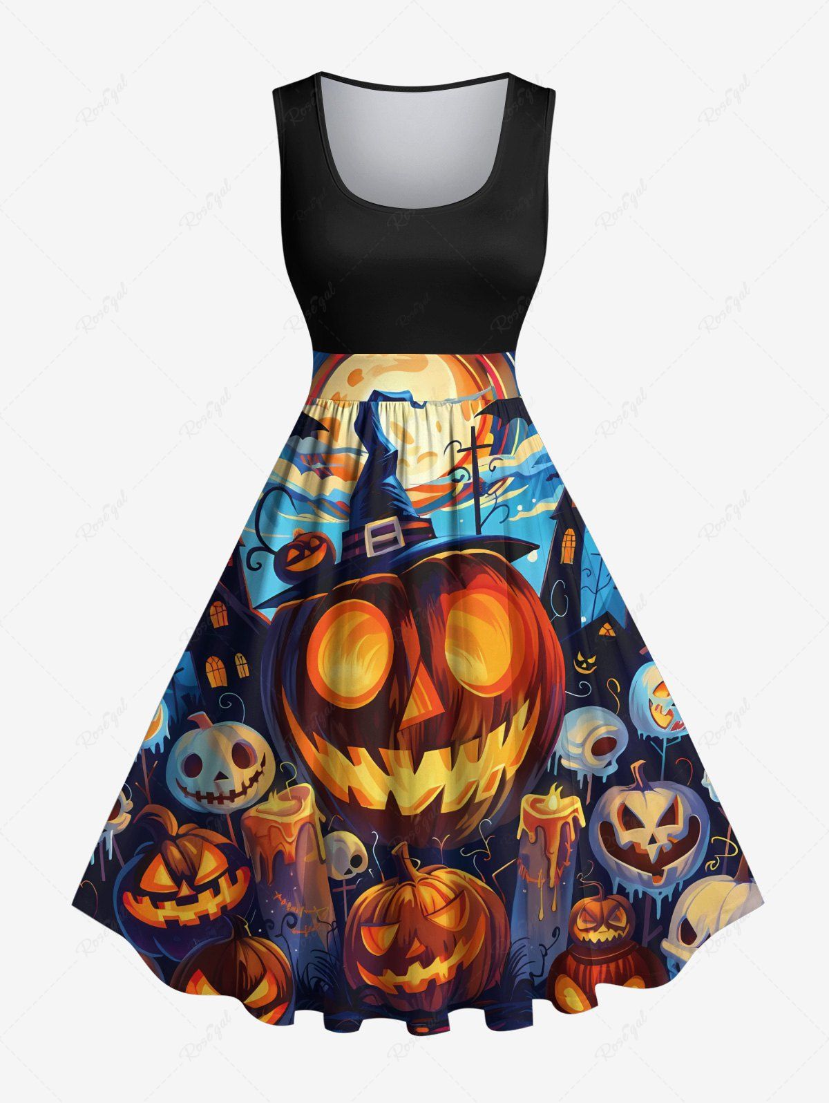 Affordable Plus Size Halloween Pumpkin Lantern Bat Skulls Candles Print 1950s Vintage Dress  