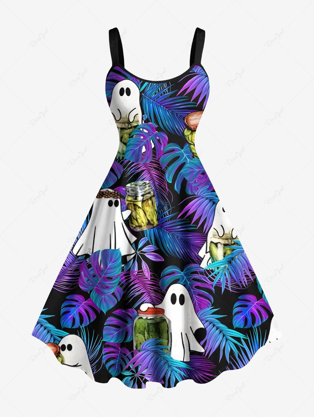 Trendy Plus Size Halloween Ghost Tropical Leaf Bottles Print Hawaii Tank Dress  