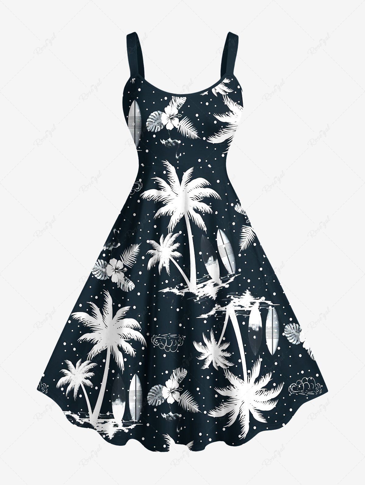 Robe débardeur hawaïenne grande taille à imprimé feuilles de cocotier et fleurs d'hibiscus Noir XXS