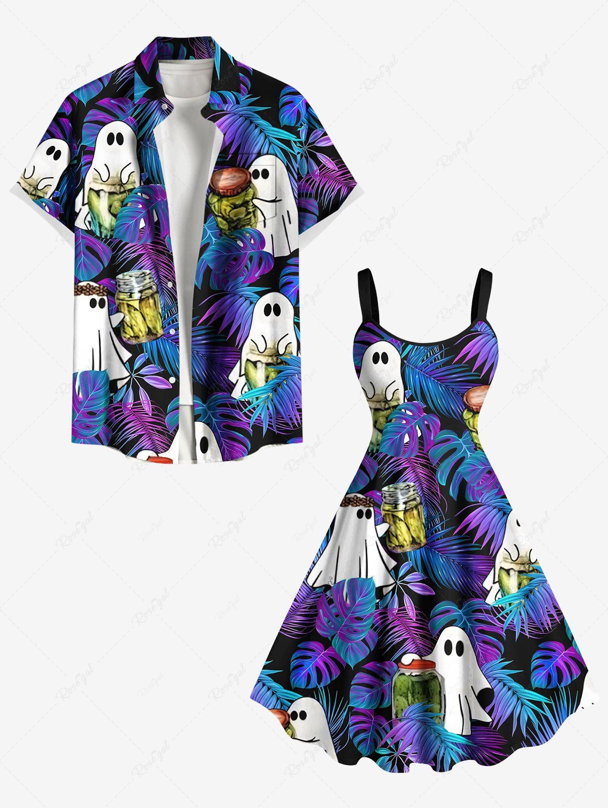 Chic Halloween Ghost Tropical Leaf Bottles Print Plus Size Matching Outfit For Couples  