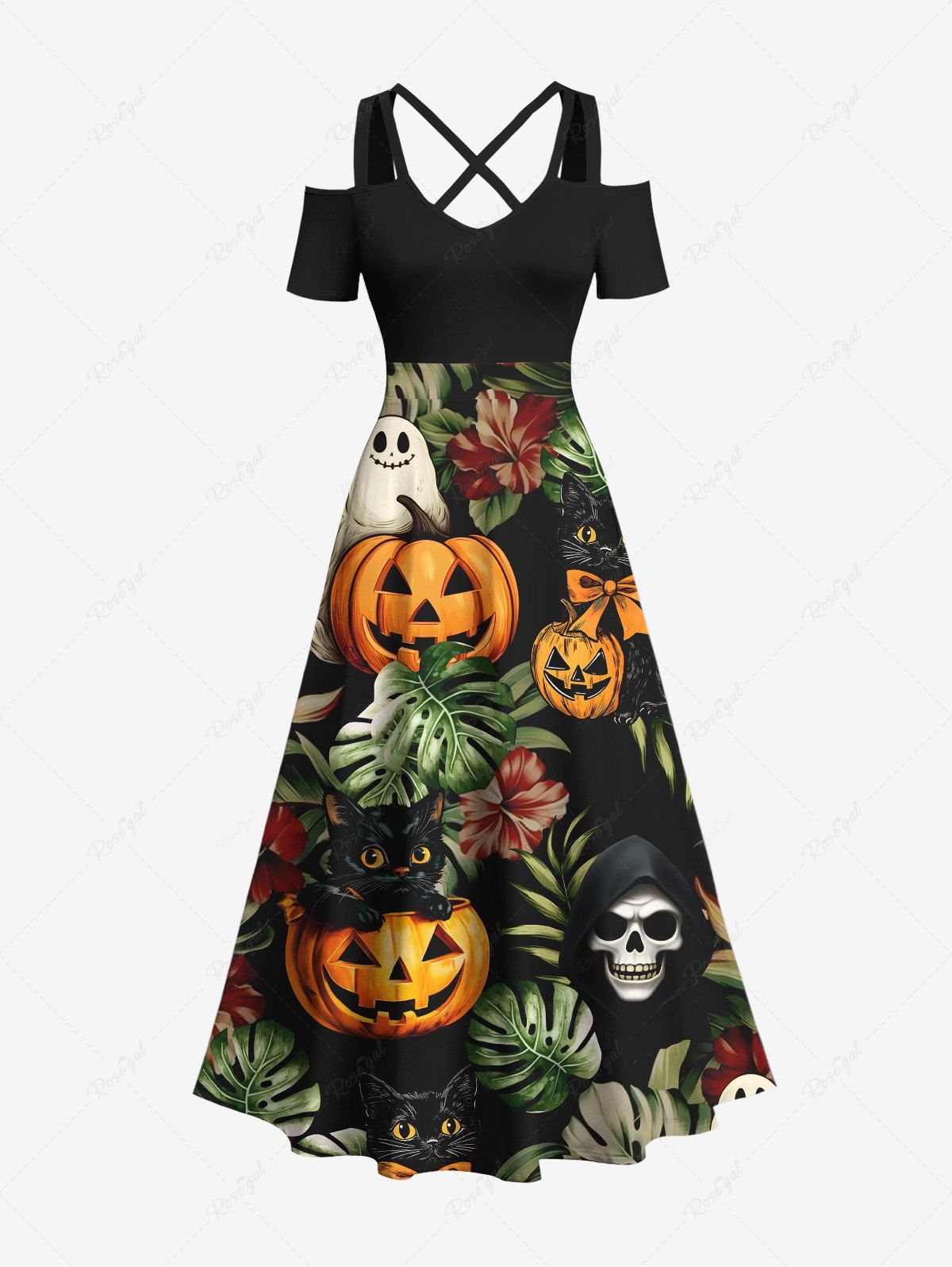 Outfits Plus Size Halloween Pumpkin Skull Cat Tropical Leaf Flowers Print Cold Shoulder Crisscross Hawaii Maxi Dress  