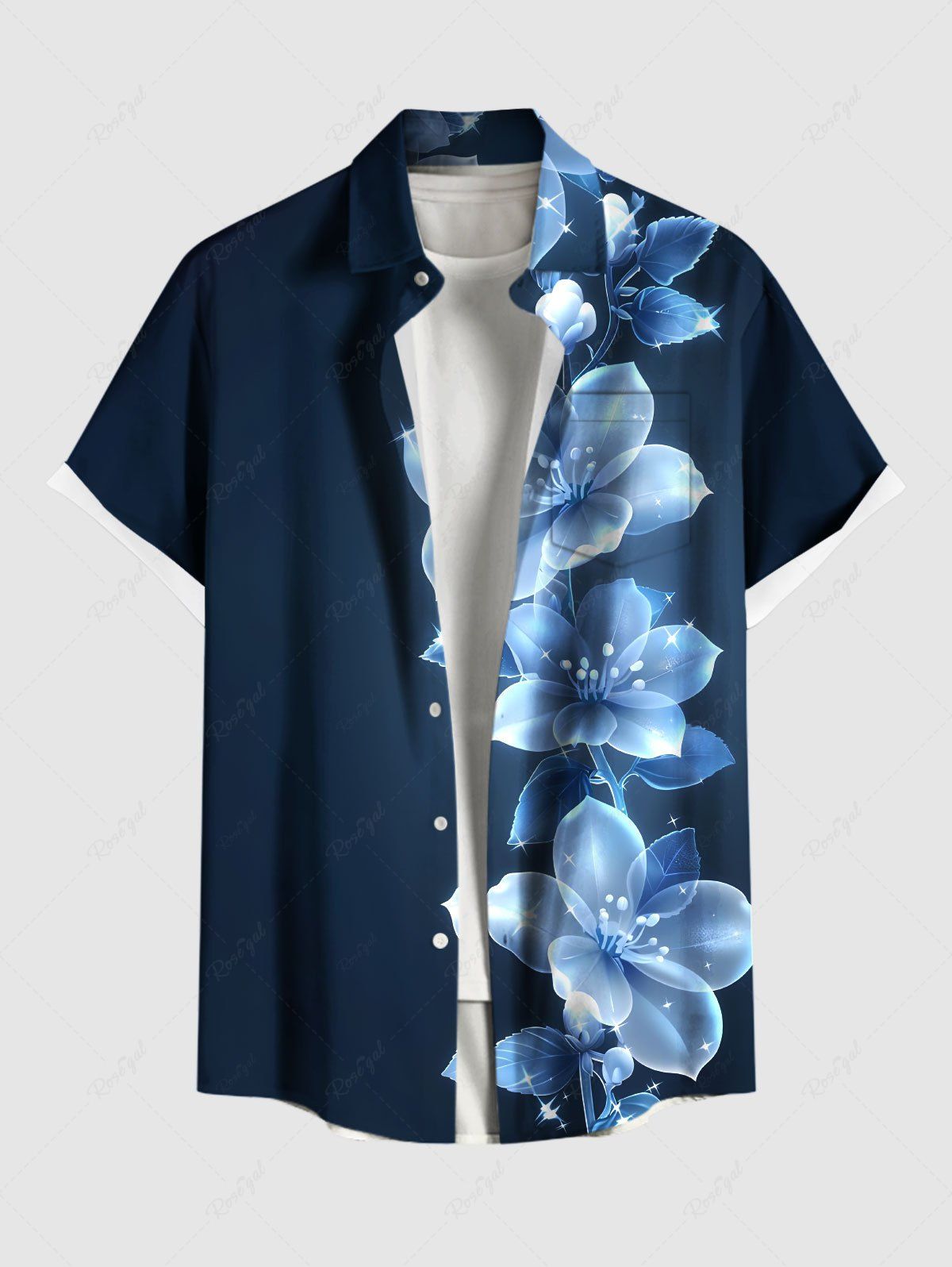 Chemise hawaïenne grande taille à fleurs et paillettes, imprimé 3D, boutons et poches, pour homme Noir 3XL