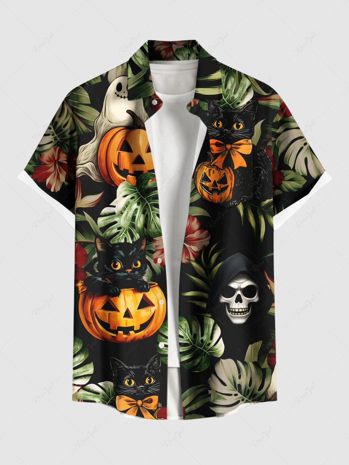Chemise hawaïenne grande taille pour homme, motif citrouille, crâne, chat, feuilles tropicales, fleurs, boutons, poches Noir S