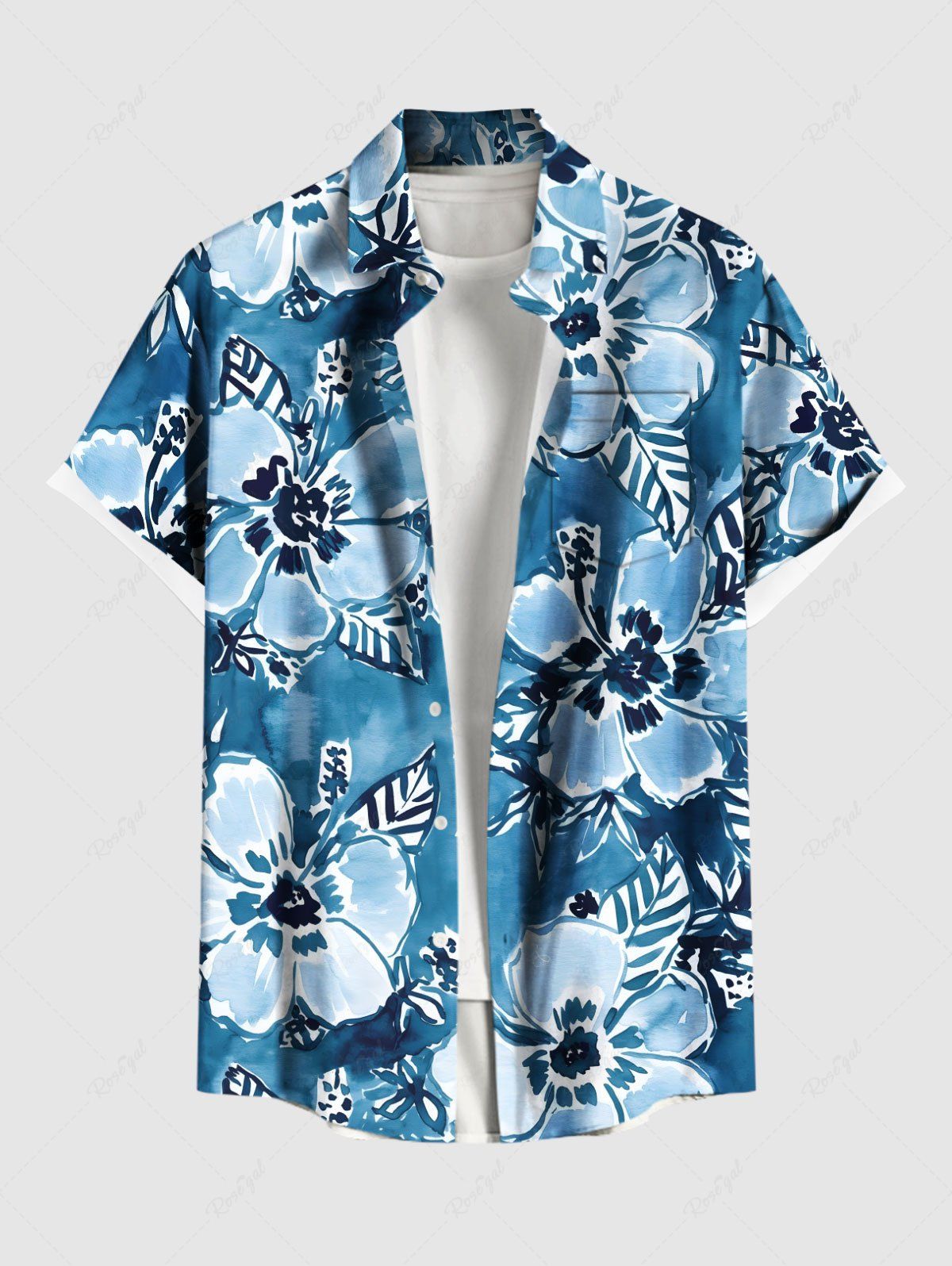 Chemise hawaïenne grande taille à imprimé aquarelle, fleurs tropicales et feuilles, avec poches et boutons, pour homme Bleu M