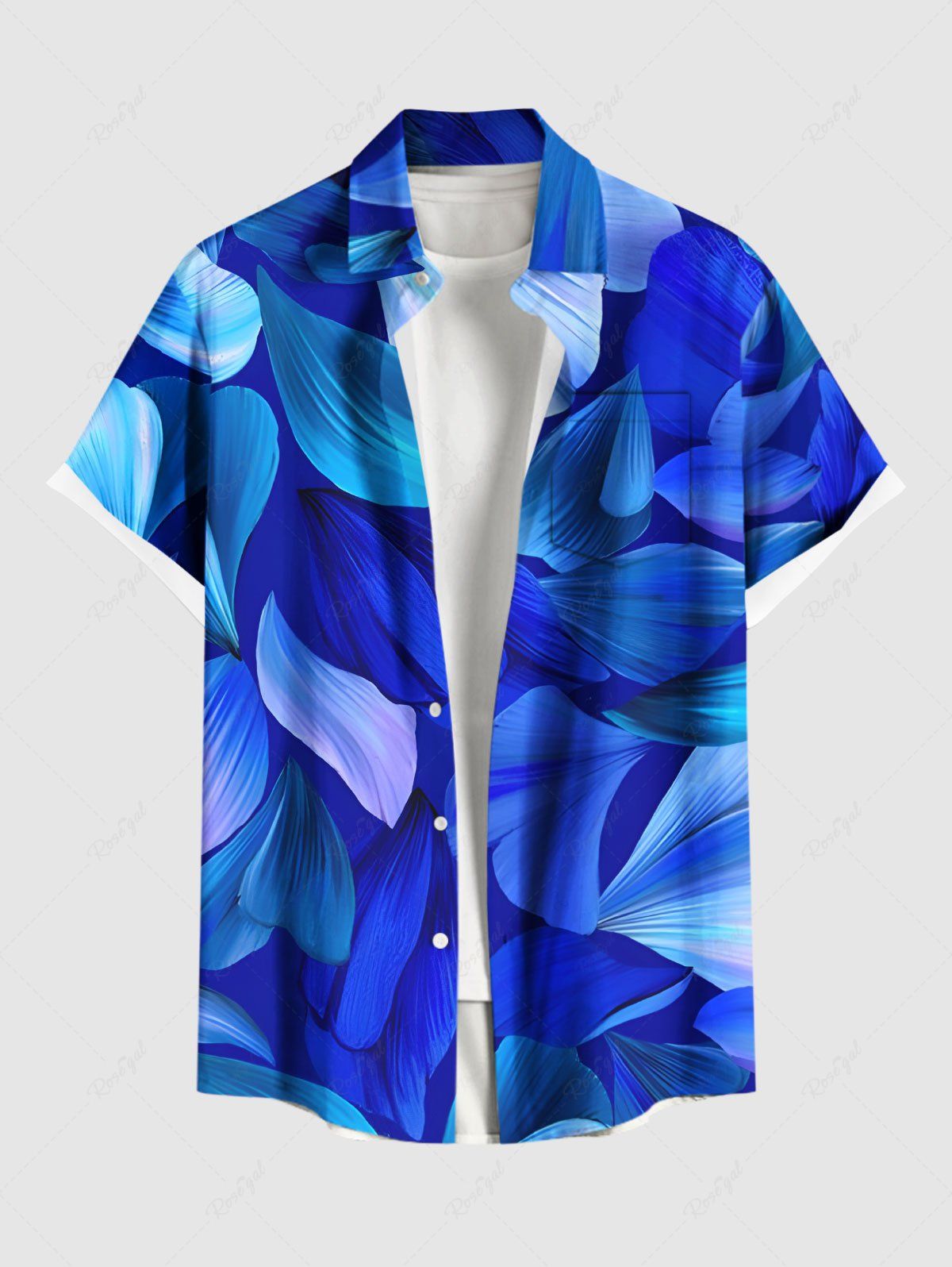 Chemise hawaïenne grande taille à imprimé feuilles ombré et poches à boutons pour homme Bleu M