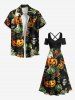 Tenue d'Halloween grande taille assortie pour couple, motif citrouille, crâne, chat, feuilles tropicales et fleurs - Noir 