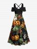 Tenue d'Halloween grande taille assortie pour couple, motif citrouille, crâne, chat, feuilles tropicales et fleurs - Noir 