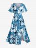 Tenue de plage hawaïenne assortie grande taille à imprimé feuilles et fleurs tropicales aquarelle pour couples - Bleu Ciel 