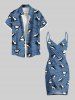 Cute Shark Sea Waves Print Plus Size Matching Hawaii Beach Outfit For Couples -  