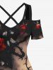 Plus Size Rose Flower Bat Dark Style Print Halloween Cold Shoulder Crisscross A Line Maxi Dress -  