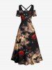 Plus Size Rose Flower Bat Dark Style Print Halloween Cold Shoulder Crisscross A Line Maxi Dress -  