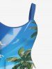 Robe débardeur hawaïenne trapèze grande taille à imprimé cocotiers, vagues et oiseaux - Bleu 2X