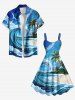 Robe débardeur hawaïenne trapèze grande taille à imprimé cocotiers, vagues et oiseaux - Bleu 2X