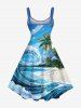 Robe débardeur hawaïenne trapèze grande taille à imprimé cocotiers, vagues et oiseaux - Bleu 2X