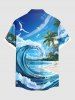 Plus Size Coconut Tree Sea Waves Bird Print Hawaii Button Pocket Shirt For Men -  