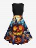 Plus Size Halloween Pumpkin Lantern Bat Skulls Candles Print 1950s Vintage Dress -  