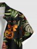 Plus Size Halloween Pumpkin Skull Cat Tropical Leaf Flowers Print Buttons Pocket Hawaii Shirt For Men -  