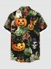 Plus Size Halloween Pumpkin Skull Cat Tropical Leaf Flowers Print Buttons Pocket Hawaii Shirt For Men -  