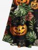 Robe longue hawaïenne grande taille à imprimé citrouille, crâne, chat, feuilles tropicales, fleurs, épaules dénudées, croisée - Noir L