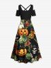 Robe longue hawaïenne grande taille à imprimé citrouille, crâne, chat, feuilles tropicales, fleurs, épaules dénudées, croisée - Noir L