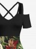 Plus Size Halloween Pumpkin Skull Cat Tropical Leaf Flowers Print Cold Shoulder Crisscross Hawaii Maxi Dress -  