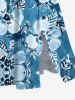 Robe mi-longue hawaïenne fendue grande taille à imprimé aquarelle, fleurs tropicales et feuilles - Bleu Ciel 5X