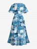 Robe mi-longue hawaïenne fendue grande taille à imprimé aquarelle, fleurs tropicales et feuilles - Bleu Ciel 5X