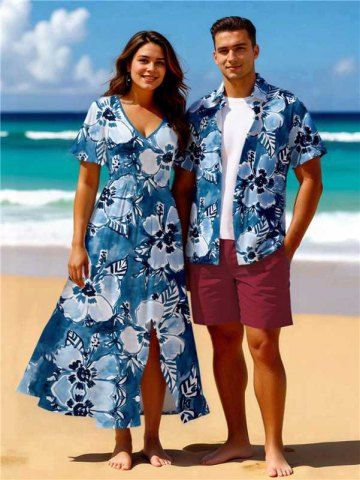 Tenue de plage hawaïenne assortie grande taille à imprimé feuilles et fleurs tropicales aquarelle pour couples