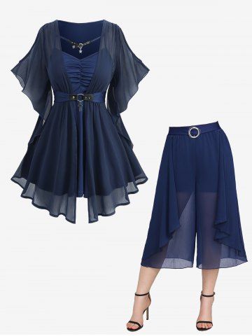 Chemisier en mousseline texturée avec ceinture croisée et boucle en strass scintillants, jupe-culotte à volants, tenue grande taille