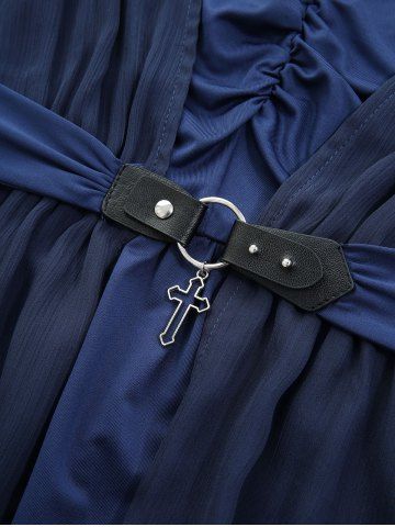 Chiffon Textured Ruched O-Ring Cross Belted Blouse and High Waisted 3D Print Leggings Plus Size Outfit