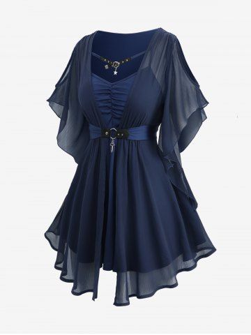 Chiffon Textured Ruched O-Ring Cross Belted Blouse and High Waisted 3D Print Leggings Plus Size Outfit