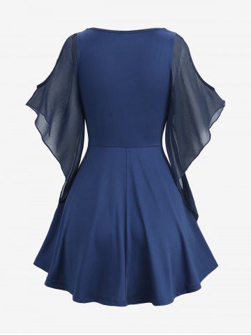 Chiffon Textured Ruched O-Ring Cross Belted Blouse and High Waisted 3D Print Leggings Plus Size Outfit