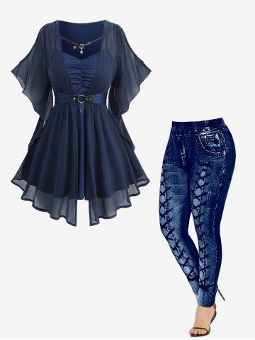 Chiffon Textured Ruched O-Ring Cross Belted Blouse and High Waisted 3D Print Leggings Plus Size Outfit