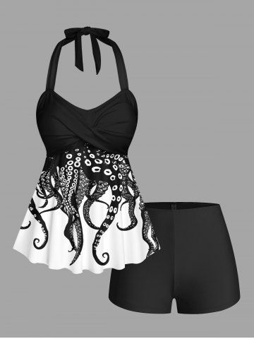 Octopus Two Tone Print Hawaii Twist Halter Backless Tankini Top and Swim Bottom Plus Size Matching Set - BLACK
