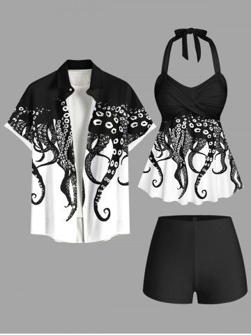 Octopus Two Tone Print Shirt Swimsuit Plus Size Matching Hawaii Beach Outfit For Couples - BLACK