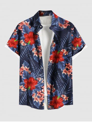 Plus Size Tropical Leaf Hibiscus Flower Print Hawaii Button Pocket Shirt For Men - BLUE - S