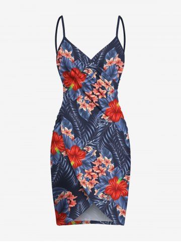 Plus Size Tropical Leaf Hibiscus Flower Print Hawaii Convertible Beach Cover Up - BLUE - S